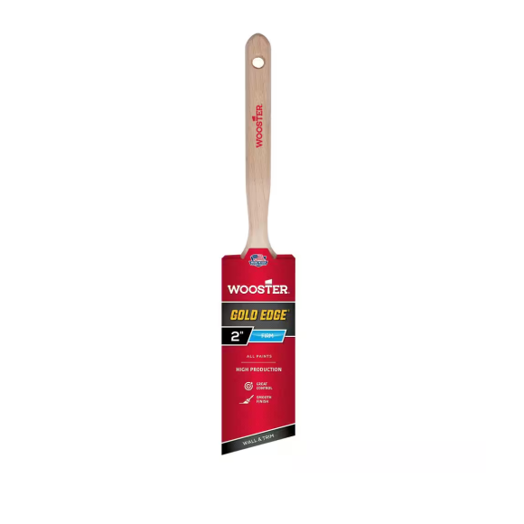 The WOOSTER Gold Edge Polyester Angle Sash Paint Brush features a wooden handle and red and black label, offering precision and high production in all paint applications.